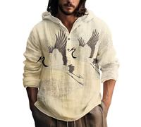 Linen Hooded Shirts for Men Retro Print, Long Sleeve Japanese Style Summer Tops, Half Placket Hooded Pullover, Loose Lounge Soft Wear, Breathable Costume for Festive Holiday (H, L)