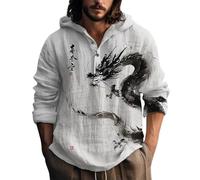 Linen Hooded Shirts for Men Retro Print, Long Sleeve Japanese Style Summer Tops, Half Placket Hooded Pullover, Loose Lounge Soft Wear, Breathable Costume for Festive Holiday (O, XL)