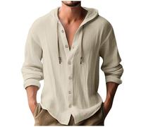 Linen Hoodies for Men UK, Casual Drawstring Hoody Sweatshirts Long Sleeve Button Down Shirts Plain Hooded Pullover Athletic Hoodies Cotton Linen Shirt Gym Sports Shirts Comfy Running Tops