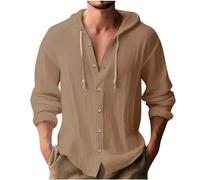 Linen Hoodies for Men UK, Casual Drawstring Hoody Sweatshirts Long Sleeve Button Down Shirts Plain Hooded Pullover Athletic Hoodies Cotton Linen Shirt Gym Sports Shirts Comfy Running Tops