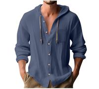 Linen Hoodies for Men UK Summer Cotton Linen Shirts with Hood Plain Hooded Tee Tops Casual Drawstring Solid Color Comfy Button Down Regular Fit Cotton Shirt Top