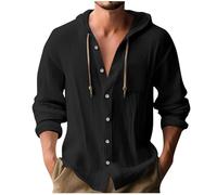 Linen Hoodies for Men UK Summer Cotton Linen Shirts with Hood Plain Hooded Tee Tops Casual Drawstring Solid Color Comfy Button Down Regular Fit Cotton Shirt Top