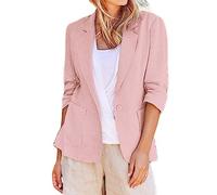 Linen Jackets for Women UK Summer 3/4 Ruched Sleeve Cotton Linen Blazer Casual Notch Lapel One Button Ladies Lightweight Breathable Outerwear Elegant Office Work Cardigan Jacket with Pockets S-5XL
