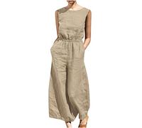 Linen Jumpsuit for Women UK Elegant Sleeveless Pockets Romper Wide Leg Dungarees Overalls Straight Pants Trousers Jumpsuits Ethnic Boho Summer Loose Casual Playsuit for Party Wedding Beach