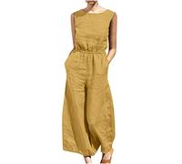 Linen Jumpsuit for Women UK Elegant Sleeveless Pockets Romper Wide Leg Dungarees Overalls Straight Pants Trousers Jumpsuits Ethnic Boho Summer Loose Casual Playsuit for Party Wedding Beach