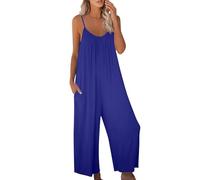 Linen Jumpsuit for Women UK Playsuits Wide Leg Dressy Pants Overall Casual Dungarees with Pockets Loose Fit Playsuits Women Summer European and American Sling Solid Pocket Casual Jumpsuit Blue