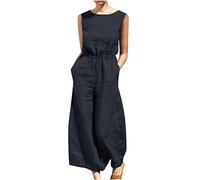 Linen Jumpsuit for Women UK Sale Elegant Sleeveless Pockets Romper Wide Leg Dungarees Overalls Straight Pants Trousers Jumpsuits Ethnic Boho Summer Loose Casual Playsuit for Party Wedding Beach