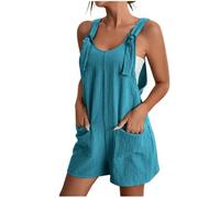 Linen Jumpsuit Women Summer Casual Adjustable Strap Short Jumpsuit Sleeveless Loose Beach Playsuit Shorts Ladies Boho Rompers Lightweight Bib Overalls Tie Shoulder Outfit with Pockets
