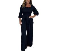 Linen Jumpsuits for Women Long Sleeve Playsuit Wide Leg Jumpsuits One Piece Casual Dungarees U Neck&High Waist Romper Elastic Waist Stretchy Romper with Pockets Summer Spring Everyday Holiday
