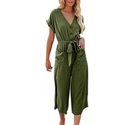 Linen Jumpsuits for Women, Short Sleeve V Neck Button Down Jumpsuit, Capris Wide Leg Pant Romper, Straight Wide Leg Cropped Dungarees, Women's Casual Playsuit with Pockets and Belt Army Green