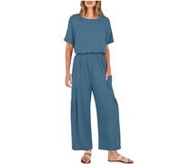 Linen Jumpsuits for Women UK,Ladies Jumpsuit Elegant Wedding Guest Short Sleeve Dungarees Summer Stretchy Overalls Rompers Baggy Wide Leg Pants Casual Loose Playsuit Outfits with Pockets Sale