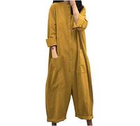 Linen Jumpsuits for Women UK Long Sleeve Elegant Baggy Jumpsuit Sale Loose Button Down Rompers Wide Leg Overalls Harem Pants Solid Ladies Dungarees Plus Size Women Jumpsuits & Playsuits with Pockets