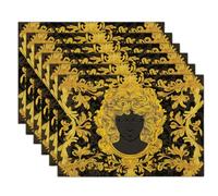 Linen-Like Fabric Gold Black Placemats, Portrait Historical Figure Dining Table Mats For Kitchen Table Decoration Indoor Outdoor, Washable Luxury Mystery Place Mats Set Of 8, 45X30Cm