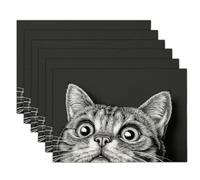 Linen-Like Fabric Gray Black Placemats, Shorthaired Cat Dining Table Mats For Kitchen Table Decoration Indoor Outdoor, Washable Illustration Photography Place Mats Set Of 6, 45X30Cm