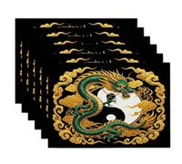 Linen-Like Fabric Green Gold Placemats, Dragon Tai Chi Symbol Dining Table Mats For Kitchen Table Decoration Indoor Outdoor, Washable Chinese Tradition Mystery Place Mats Set Of 8, 45X30Cm