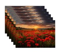 Linen-Like Fabric Red Green Placemats, Poppy Field Sunrise Dining Table Mats For Kitchen Table Decoration Indoor Outdoor, Washable Realism Photography Place Mats Set Of 8, 45X30Cm