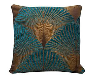 Linen Loft Art Deco Fan Cushion Cover in Teal and Gold. Double Sided Luxury Velvet Chenille. 17x17 (43cm) Square Pillow Case. Geometric vintage 20s and 30s Feather Pattern. Handmade in the UK.