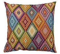 Linen Loft Extra Large Tapestry Turkish Kilim Style Multicoloured Cushion Cover. 23" x 23" Square Cover. Heavyweight Traditional Style Woven Diamond Pattern.