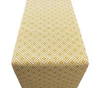 Linen Loft Geometric Ochre Yellow Ikat Table Runner. Scandi Diamond Party Kitchen Table Decoration in Mustard Yellow and White. 100% Cotton. Available in two sizes. (30cm x 180cm)