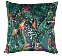 Linen Loft Lima Jungle Birds Velvet Cushion Cover. Tropical Toucans, Exotic Peacocks & Jeweled Green Rainforest. Backed With a Plain Black Super Soft Velvet. 17x17 Square Cover Only.