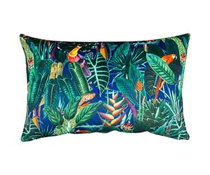 Linen Loft Lima Jungle Birds Velvet XL Rectangular Cushion Cover. Tropical Peacocks & Jeweled Green Rainforest. Backed With a Plain Navy Velvet. 23x15 XL Rectangle Cover Only.