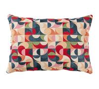 Linen Loft Moderna Tapestry Boudoir Cushion. Navy Blue, Red, Olive Green, Blush Pink, Orange & Cream Geometric Curve Design. 17x12 Rectangle Cover