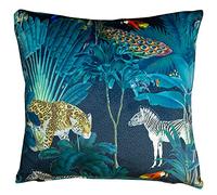 Linen Loft Palm Forest Velvet Cushion Cover. Exotic Birds and Tropical Jungle Animals on a Bright Teal Background. Backed With a Plain Teal Super Soft Velvet. 17x17 Square Cover Only.