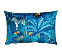 Linen Loft Palm Forest Velvet XL Rectangular Cushion Cover. Exotic Birds & Jungle Animals, Bright Teal Background. Backed With a Plain Teal Velvet. 23x15 XL Cover Only.