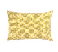 Linen Loft Scandi Geometric Ikat Boudoir Cushion Cover in Ochre Yellow. Double Sided. Modern Printed Diamond Pattern in Mustard Yellow & White. 17x12 Cover Only