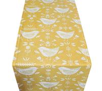 Linen Loft Scandinavian Birds Table Runner. Modern ochre mustard yellow with birds and geometric floral design. Dinner party table decoration. Available in two sizes. (30cm x 180cm)
