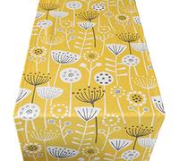 Linen Loft Scandinavian Style Table Runner. Bold Ochre Yellow and Grey/Black Geometric Floral Design. Available in two sizes. Dinner Party Table Decoration. (30cm x 180cm)
