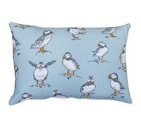 Linen Loft Seaside Puffins Boudoir Cushion Cover in Mineral Blue. Nautical Inspired Marine Seabird Motif Design. 100% Cotton, 17x12 Rectangle Boudoir Cushion Cover Only