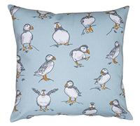 Linen Loft Seaside Puffins Cushion Cover in Mineral Blue. Nautical Inspired Marine Seabird Motif Design. 100% Cotton, 17x17 Square Cushion Cover Only