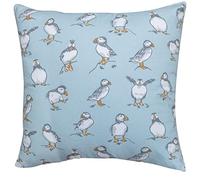 Linen Loft Seaside Puffins Extra-Large Cushion Cover in Mineral Blue. Nautical Inspired Marine Seabird Motif Design. 100% Cotton, 23x23 XL Square Cushion Cover Only
