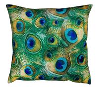 Linen Loft Velvet Peacock Feather Cushion Cover. Bright Modern Blue & Green Peacock Feathers. Backed With A Soft Teal Velvet. 17x17 Square Cushion Cover Only