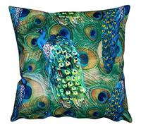 Linen Loft Velvet Peacock Procession Cushion Cover. Bright Modern Blue & Green Peacock Feathers. Backed With A Plain Soft Teal Velvet. 17x17 Square Cushion Cover Only