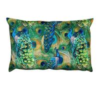 Linen Loft Velvet Peacock Procession XL Rectangular Cushion Cover. Bright Modern Blue & Green Peacock Feathers. Backed With A Plain Soft Teal Velvet. 23x15 XL Cushion Cover Only