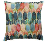 Linen Loft Vintage Venice Stained Glass Style Tapestry Cushion Cover. Traditional Geometric Renaissance Design with Gold Detailing. 17x17 Square. Blue, Red, Green. Cover Only.