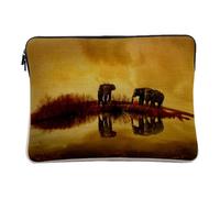 Linen Look Case for Computer and Tablet - Elephants and Their Reflections Wide Angle Savannah Wild Animals - 10 Inches Protective Laptop Sleeve Printed in France