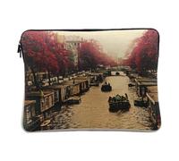 Linen Look Computer and Tablet Case - Amsterdam Canal Households and Floating Houses in Autumn - 12-13 Inches Protective Laptop Sleeve Printed in France