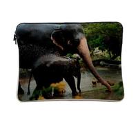 Linen Look Computer and Tablet Case - Asian Elephant and Her Little at Bath Time Nature Animals - 14-15 Inches Protective Laptop Sleeve Printed in France