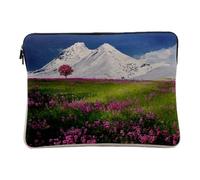 Linen Look Computer and Tablet Case - Beautiful Landscape Floral Meadow at the Foot of Snowy Mountains Eternal Snow Pintemps Flowers and Trees Purple - 14-15 Inches PC Protective Pouch