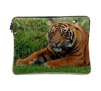 Linen Look Computer and Tablet Case - Close Up Tiger Lying in the Grass Wild Life - 14-15 Inches Protective Laptop Sleeve Printed in France