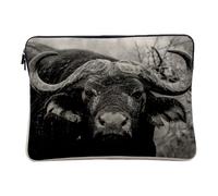 Linen Look Computer and Tablet Case - Close Up Water Buffalo in Black and White Wild Nature - 10 Inches Protective Laptop Sleeve Printed in France