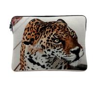 Linen Look Computer and Tablet Case - Leopard Sitting Down Ears Fearful Beautiful Look for Wild Feline Animals - 14-15 Inches Protective Laptop Sleeve Printed in France