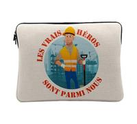 Linen Look Computer and Tablet Case - Les Vrais Heroes - Worker Industry 14-15 Inches Protective Laptop Sleeve Printed in France