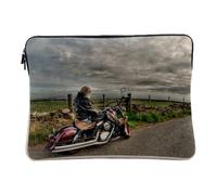 Linen Look Computer and Tablet Case - Old Biker Resting on the Edge of a Large Capacity Field - 14-15 Inches Protective Laptop Sleeve Printed in France