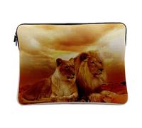 Linen Look Computer and Tablet Case - Rising Sun on a Couple of Lions Wildlife - 10 Inches Protective Laptop Sleeve Printed in France