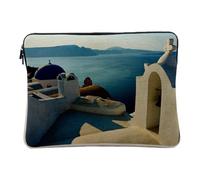 Linen Look Computer and Tablet Case - Roofs of the Church of Santorini on the Sea and the Mountains Background - 10 Inches Protective Laptop Sleeve Printed in France