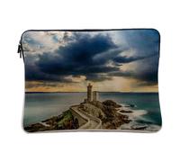 Linen Look Computer and Tablet Case - Sunrise on a Seaside Stone Lighthouse - 14-15 Inches Protective Laptop Sleeve Printed in France